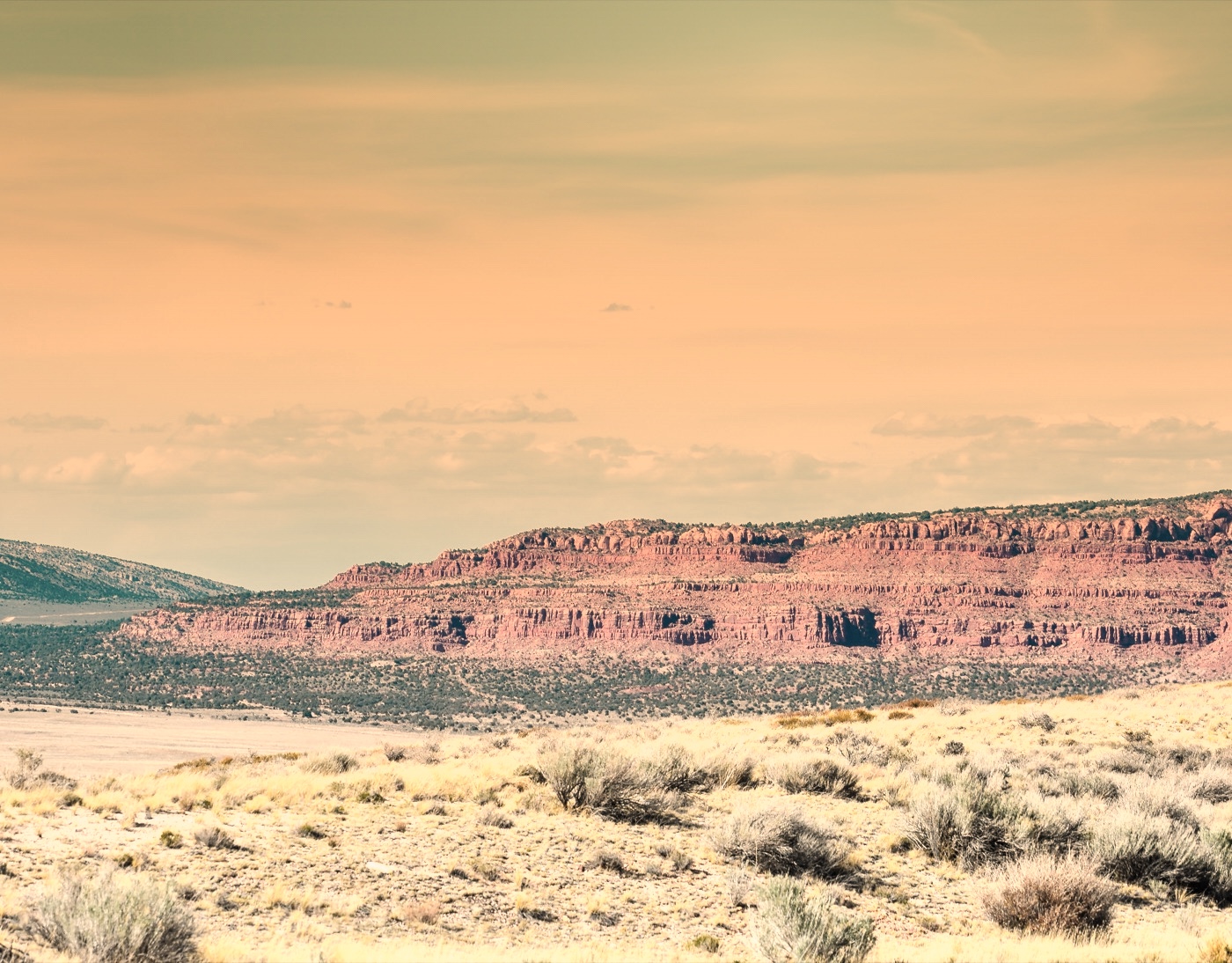 Sonoran desert at golden hour — red-rock mesa and sage